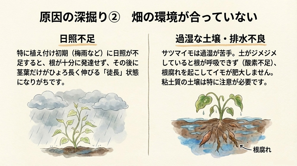 【原因3】日照不足(特に生育初期の気象条件)