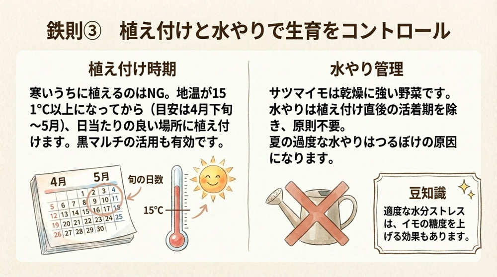 栽培管理の工夫(植え付け時期・つる返しなど)