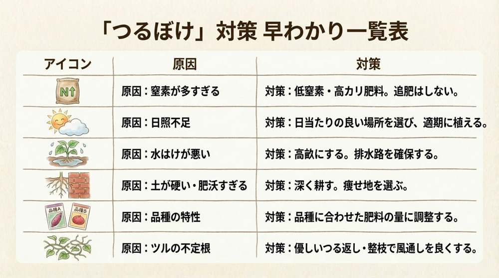 つるぼけの主な原因と対策の対応関係表