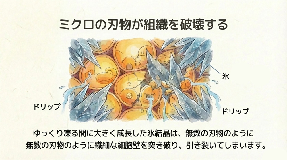 「氷結晶の生成」と「細胞組織の破壊」