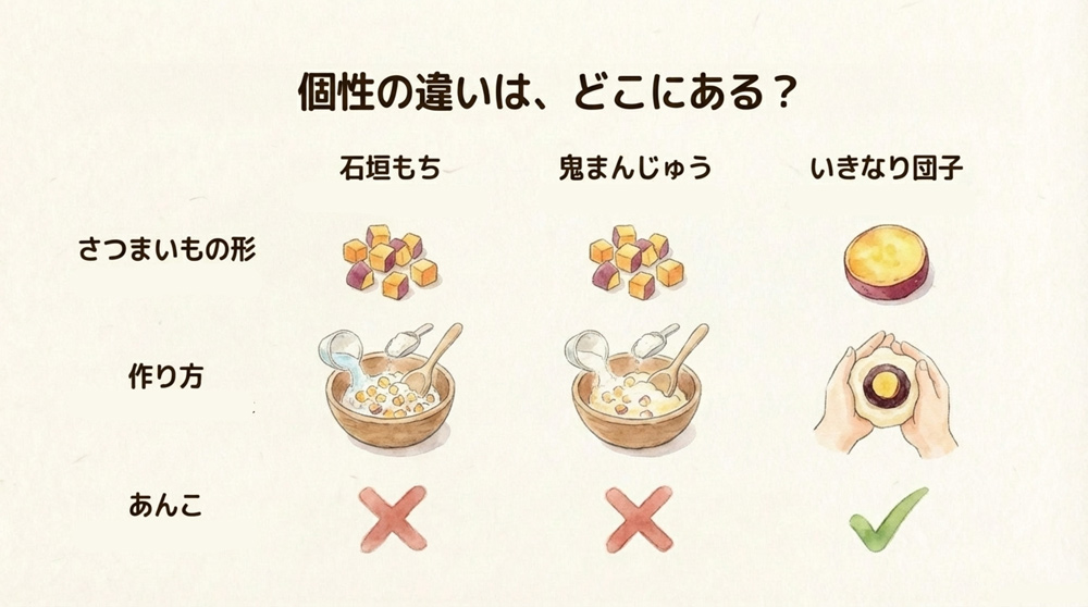 「石垣もち」「鬼まんじゅう」「いきなり団子」比較表