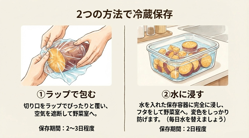 「カットした生のさつまいも」の保存方法