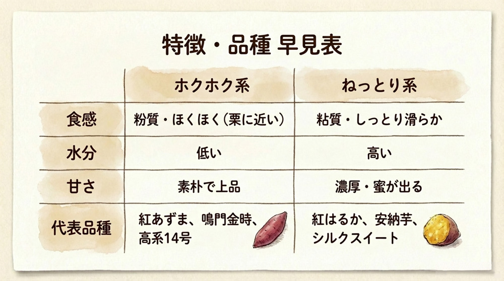 ホクホク系とねっとり系の主な違い(比較表)
