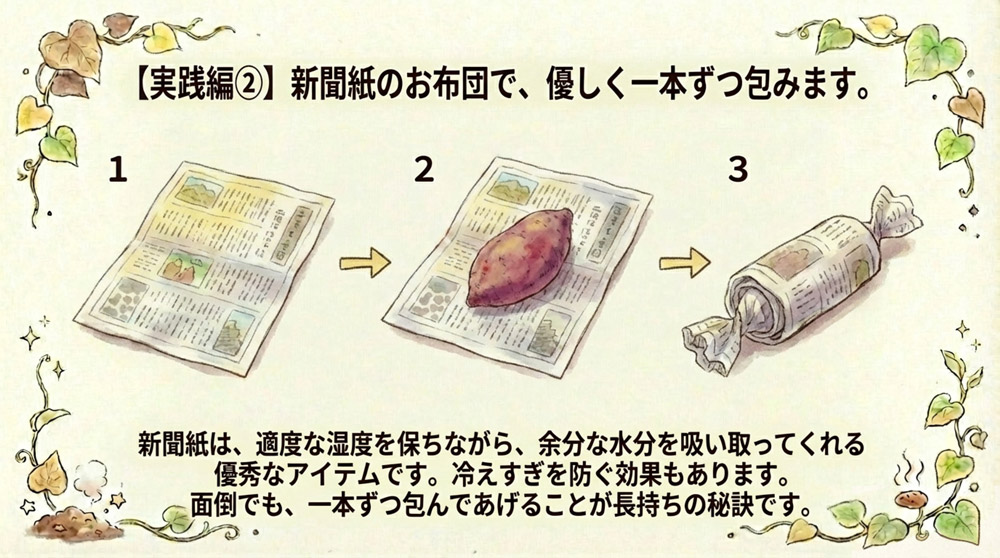新聞紙で包み、通気性を確保