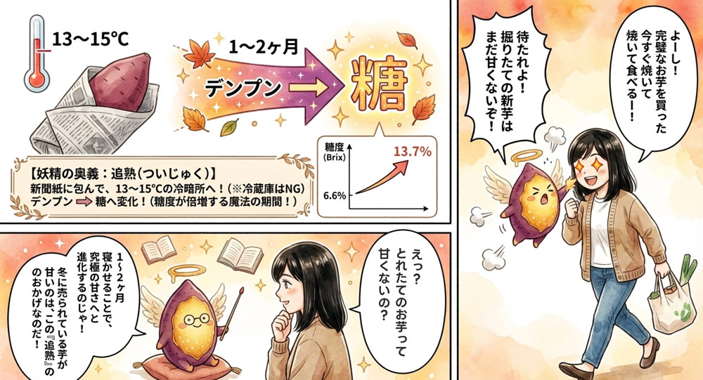 さつまいもは熟成(追熟)でさらに甘くなる