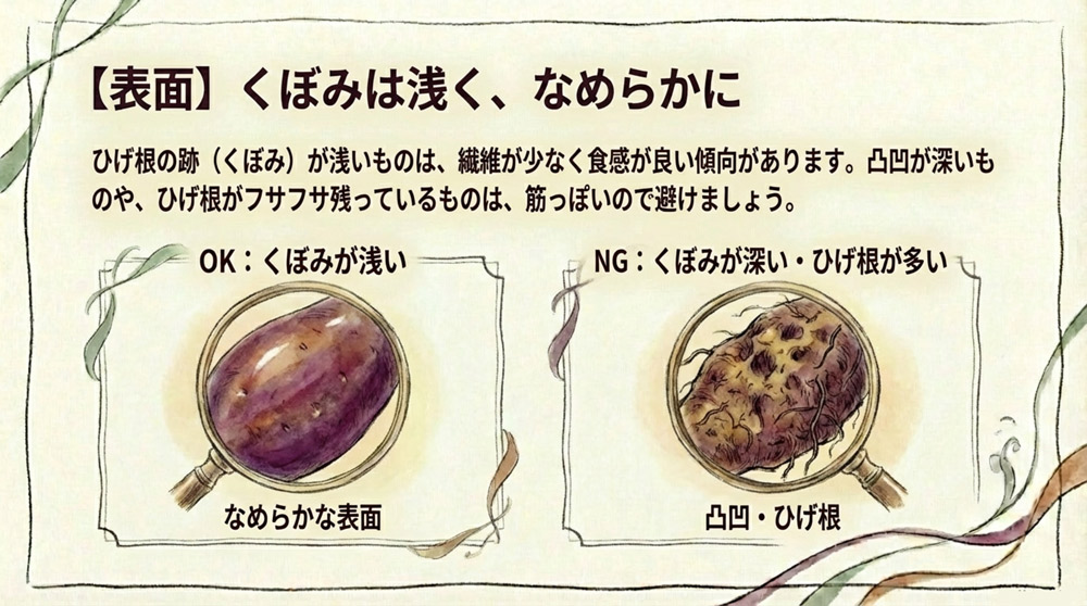 【表面】ひげ根の跡が少なく浅い