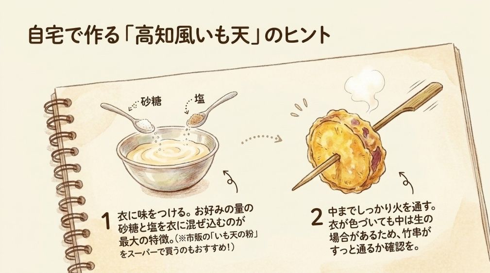 家庭で高知風のいも天を作るときのポイント(衣に砂糖と塩・中まで火を通す)