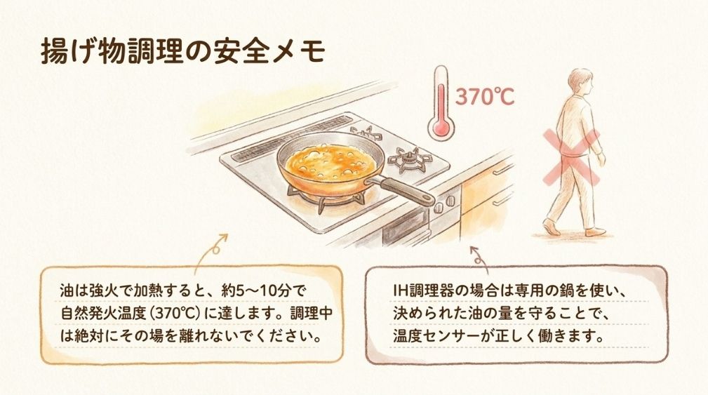 揚げ油のそばを離れない|揚げ物調理の安全メモ