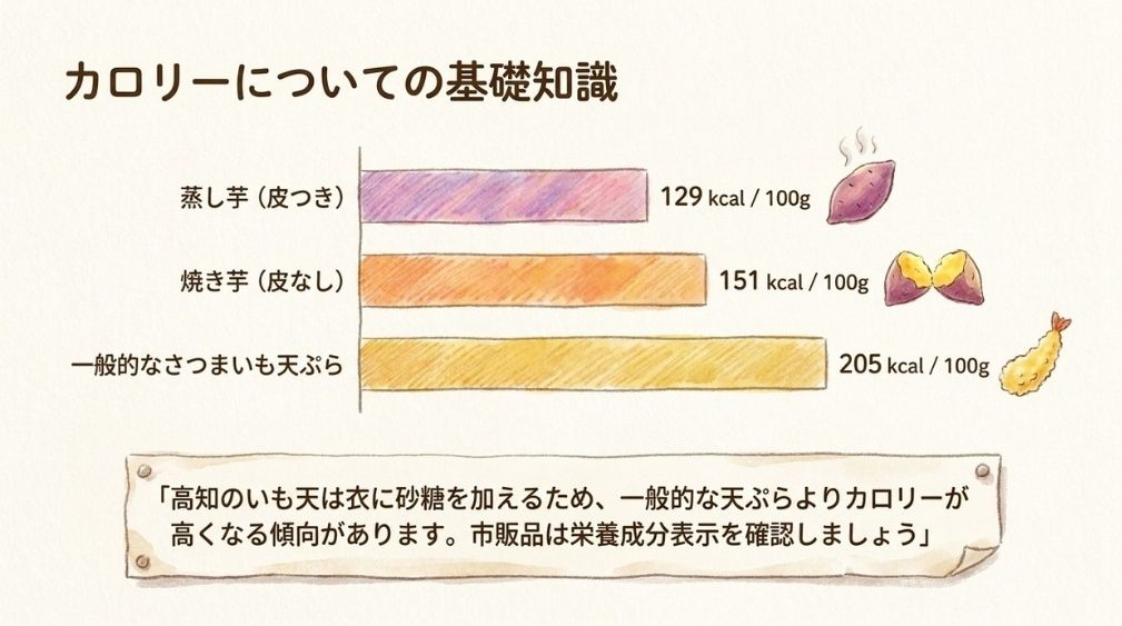 成分表の「さつまいも 天ぷら」は100gあたり205kcal(蒸し芋・焼き芋との比較)