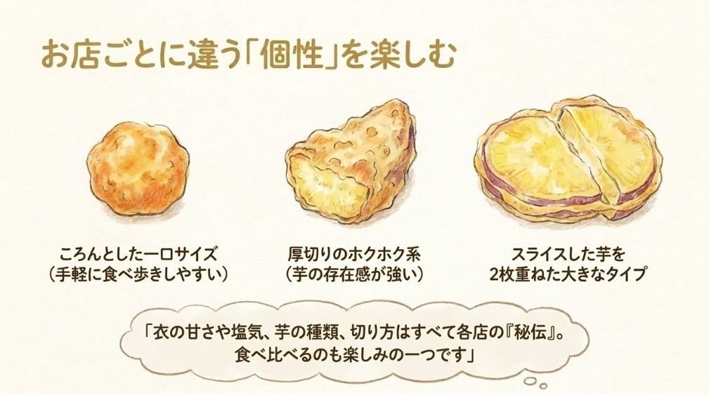 形や大きさ、芋の切り方は店によって違う(一口サイズ・厚切り・2枚重ね)