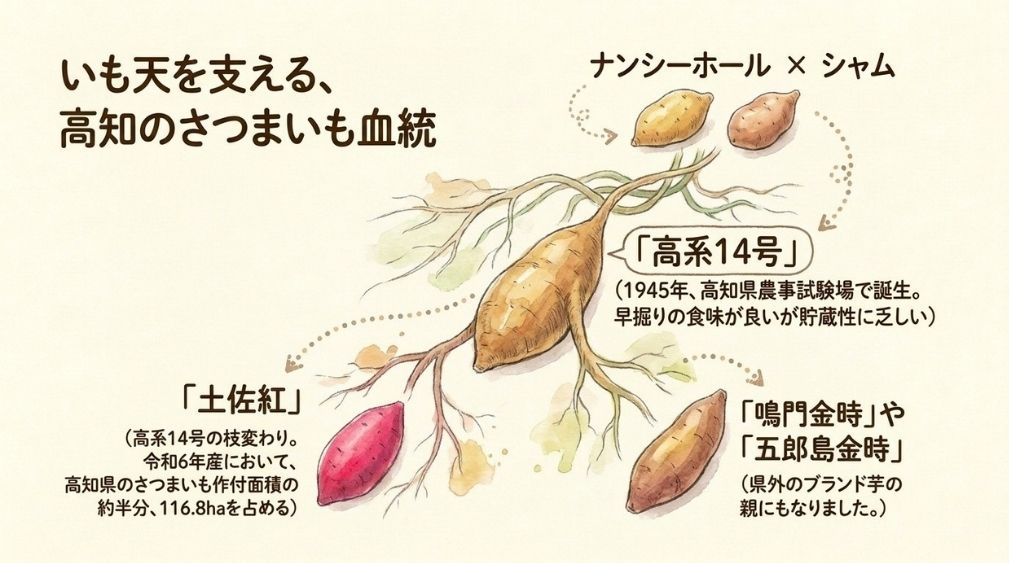 高知県で育成された「高系14号」と土佐紅・鳴門金時などの品種のつながり